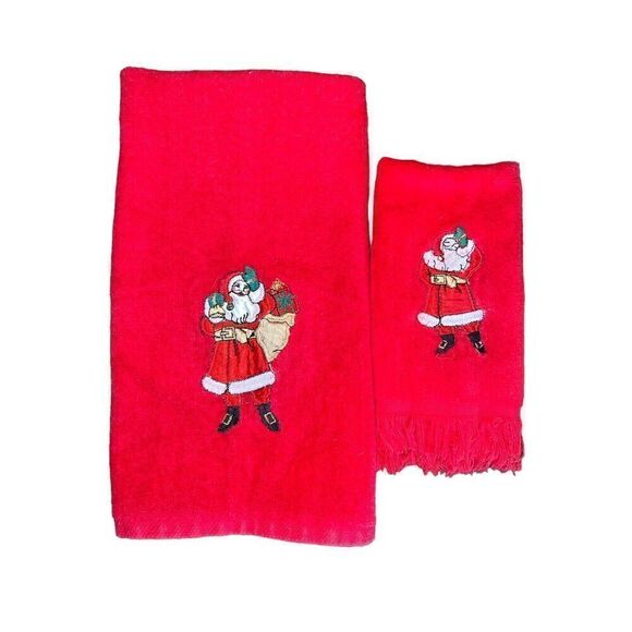 2 VTG R.A. Briggs CHRISTMAS SANTA  Embroidered applique HAND‎ TOWELS SET - Picture 1 of 6